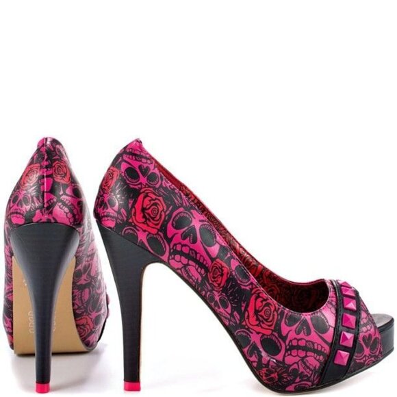 JustFab Women's Pink-Black Skull Peep Toe Heels Size 41 - Picture 2 of 11